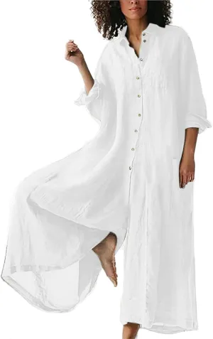 Akivide Women's Cotton Linen Long Sleeve Wide Leg Jumpsuits Casual Button V Neck Long Pants Rompers