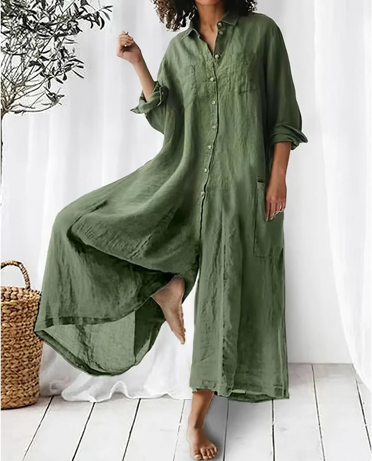 Akivide Women's Cotton Linen Long Sleeve Wide Leg Jumpsuits Casual Button V Neck Long Pants Rompers
