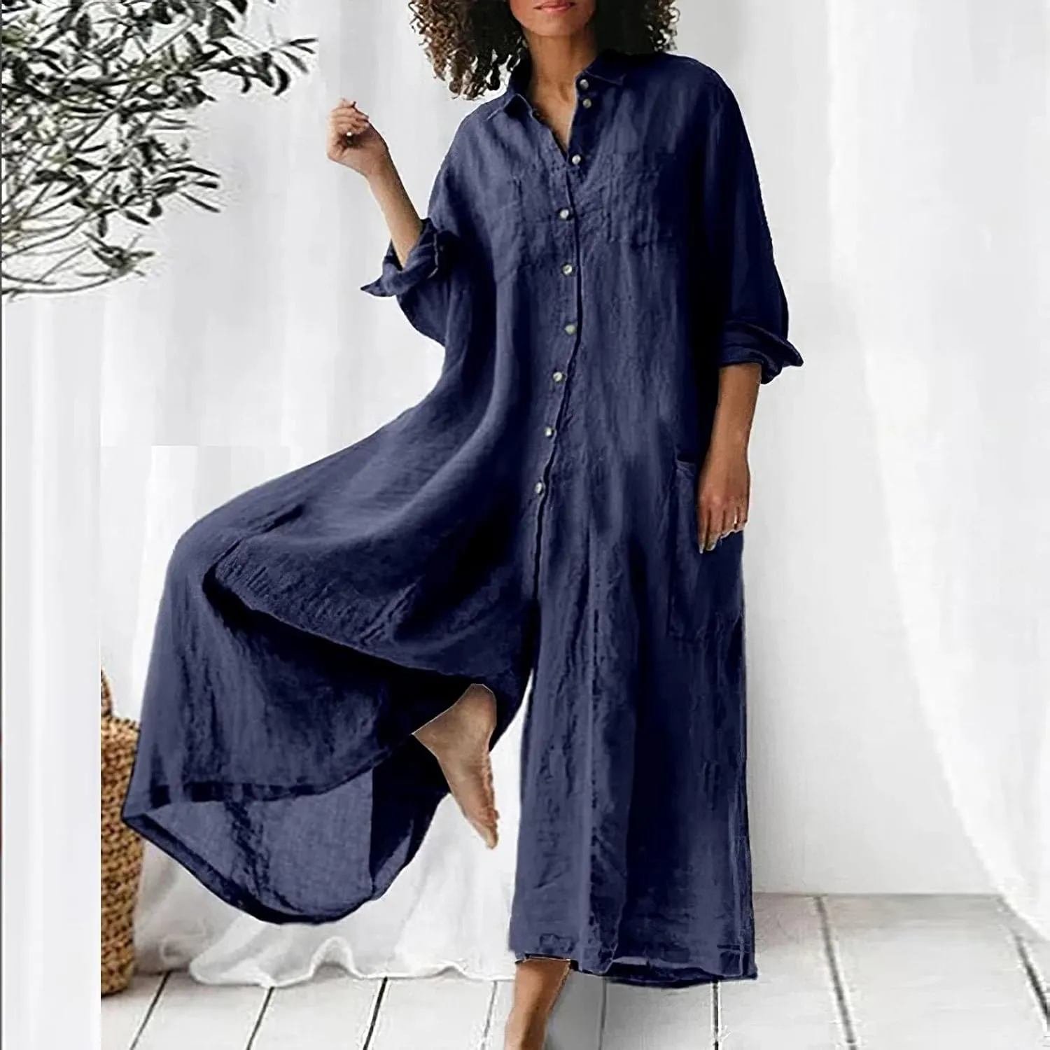 Akivide Women's Cotton Linen Long Sleeve Wide Leg Jumpsuits Casual Button V Neck Long Pants Rompers