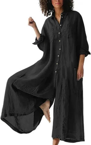 Akivide Women's Cotton Linen Long Sleeve Wide Leg Jumpsuits Casual Button V Neck Long Pants Rompers