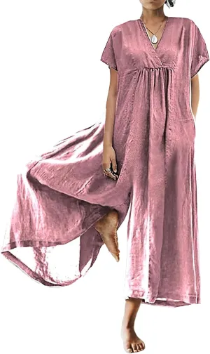 Akivide Women's Cotton Linen Wide Leg Jumpsuits Casual Summer V Neck Short Sleeve Long Pants Rompers