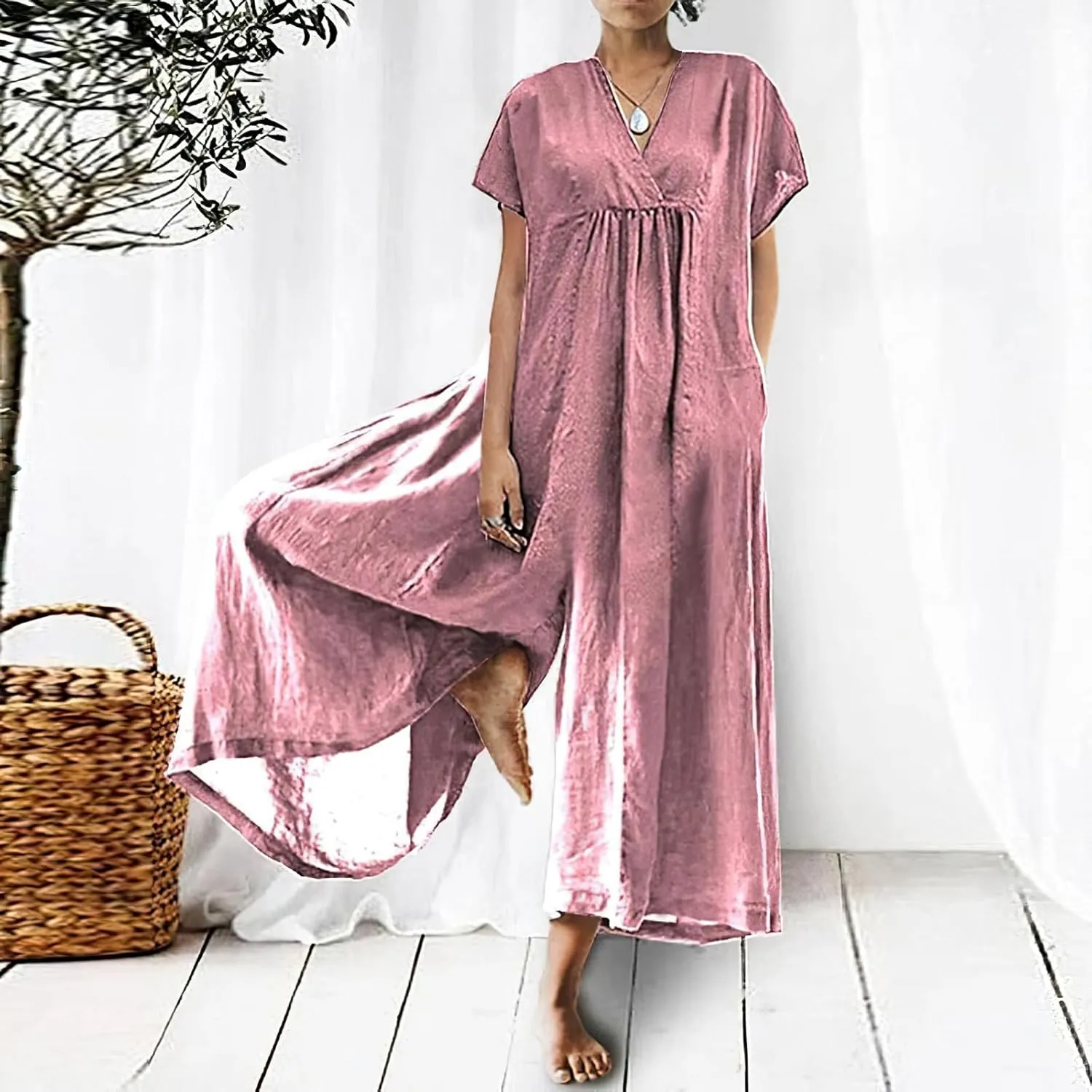 Akivide Women's Cotton Linen Wide Leg Jumpsuits Casual Summer V Neck Short Sleeve Long Pants Rompers
