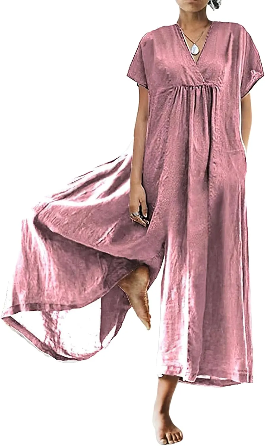 Akivide Women's Cotton Linen Wide Leg Jumpsuits Casual Summer V Neck Short Sleeve Long Pants Rompers