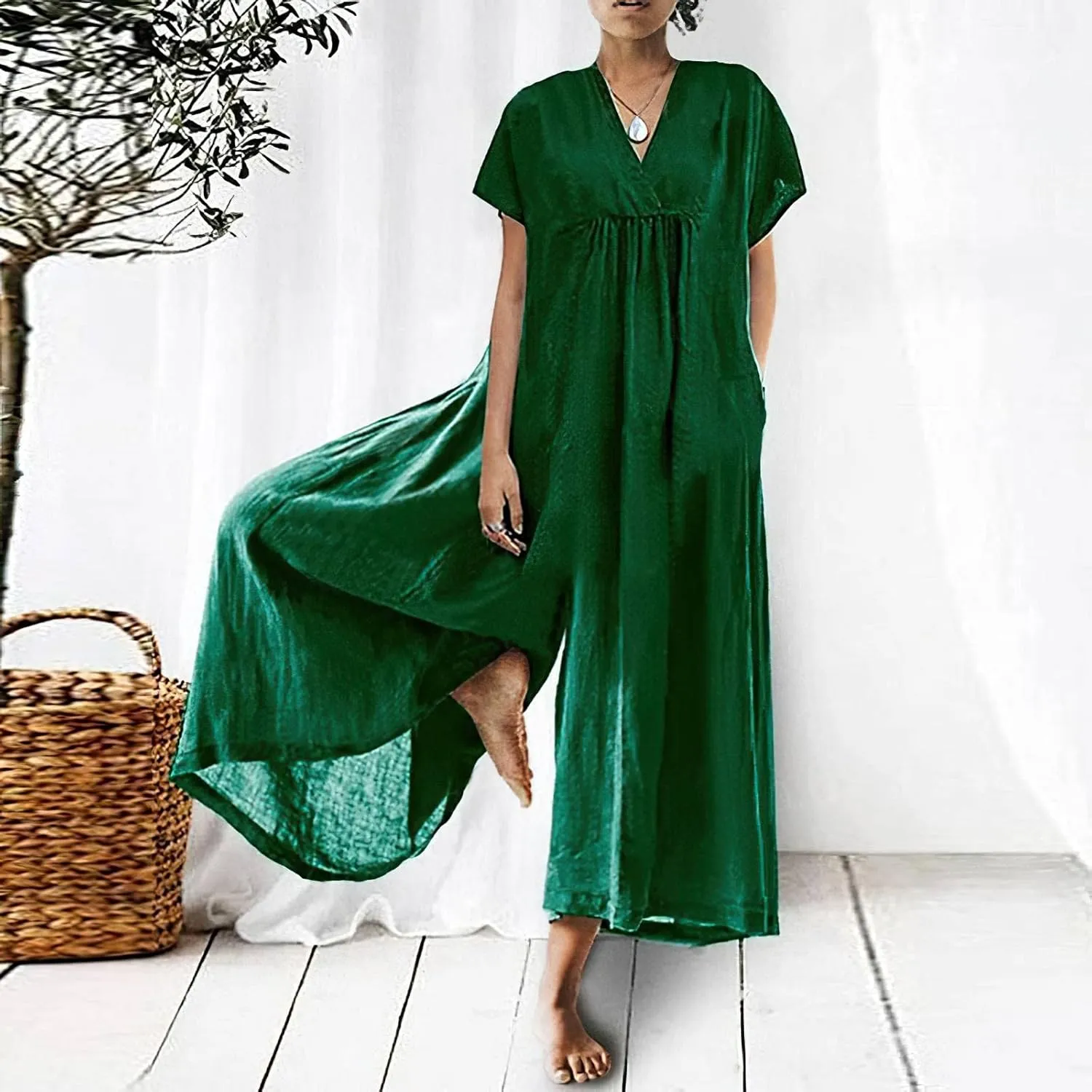 Akivide Women's Cotton Linen Wide Leg Jumpsuits Casual Summer V Neck Short Sleeve Long Pants Rompers