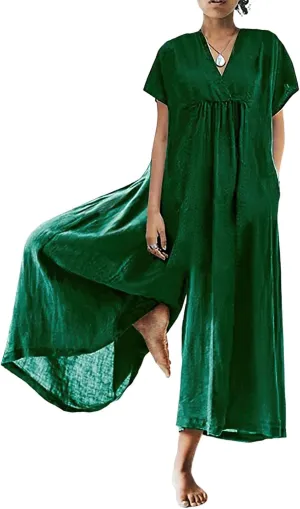 Akivide Women's Cotton Linen Wide Leg Jumpsuits Casual Summer V Neck Short Sleeve Long Pants Rompers