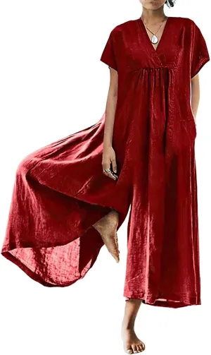 Akivide Women's Cotton Linen Wide Leg Jumpsuits Casual Summer V Neck Short Sleeve Long Pants Rompers