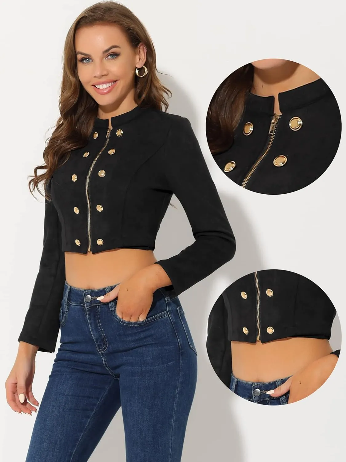 Allegra K Cropped Jacket for Women's Double Breasted Zip Up Faux Suede Jacket