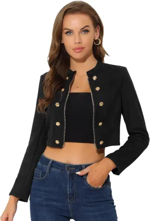 Allegra K Cropped Jacket for Women's Double Breasted Zip Up Faux Suede Jacket