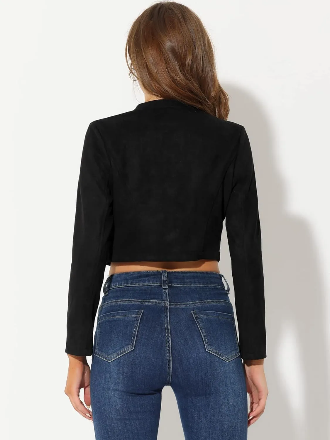 Allegra K Cropped Jacket for Women's Double Breasted Zip Up Faux Suede Jacket
