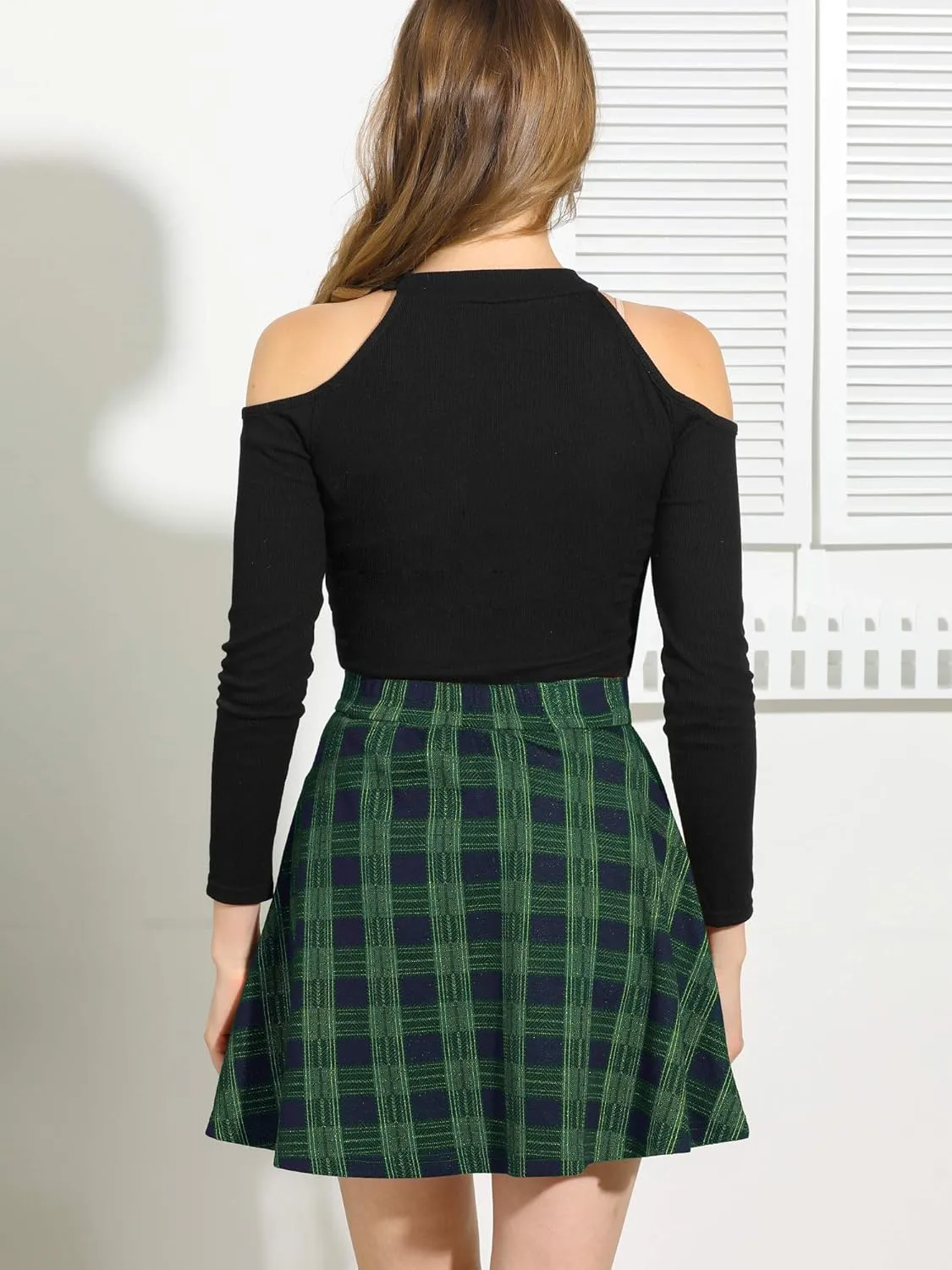 Allegra K Women's Christmas Plaid High Waist Casual A-Line Flare Zip-Up Preppy Checks Flare Mini Skirts