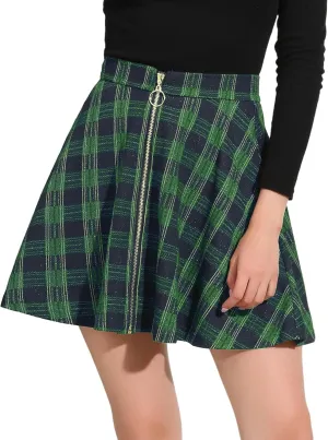 Allegra K Women's Christmas Plaid High Waist Casual A-Line Flare Zip-Up Preppy Checks Flare Mini Skirts