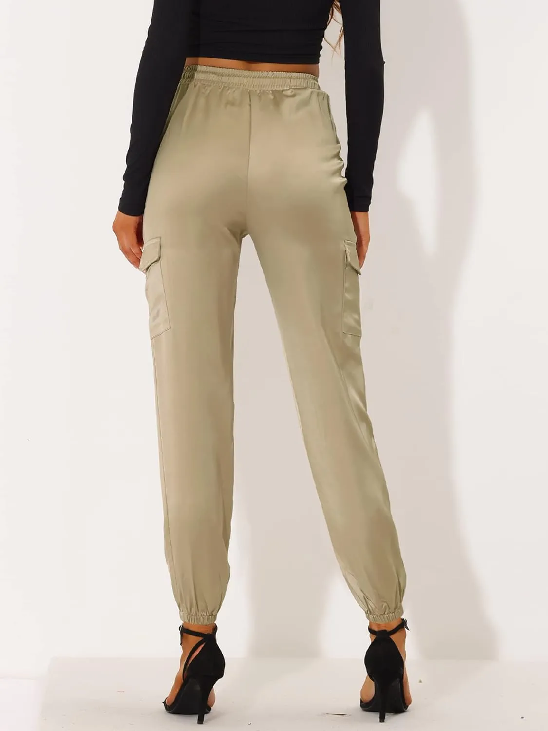 Allegra K Women's Satin Joggers Drawstring Elastic Athleisure Pants High Waist Shiny Silky Satin Cargo Pants