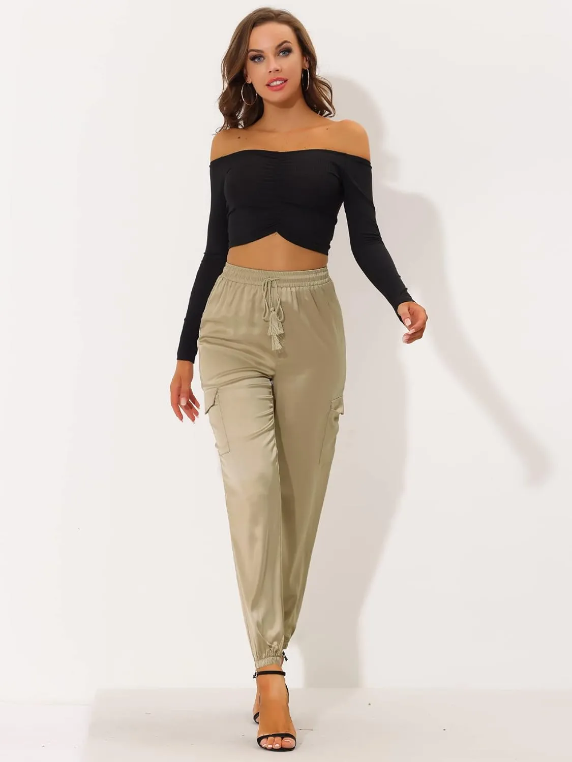 Allegra K Women's Satin Joggers Drawstring Elastic Athleisure Pants High Waist Shiny Silky Satin Cargo Pants