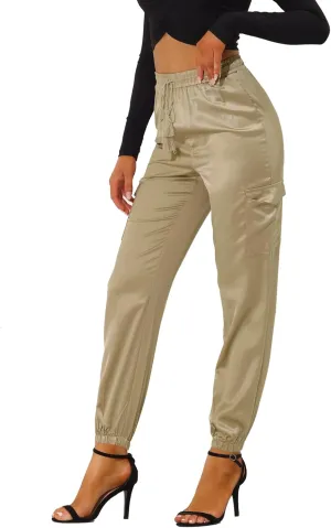 Allegra K Women's Satin Joggers Drawstring Elastic Athleisure Pants High Waist Shiny Silky Satin Cargo Pants