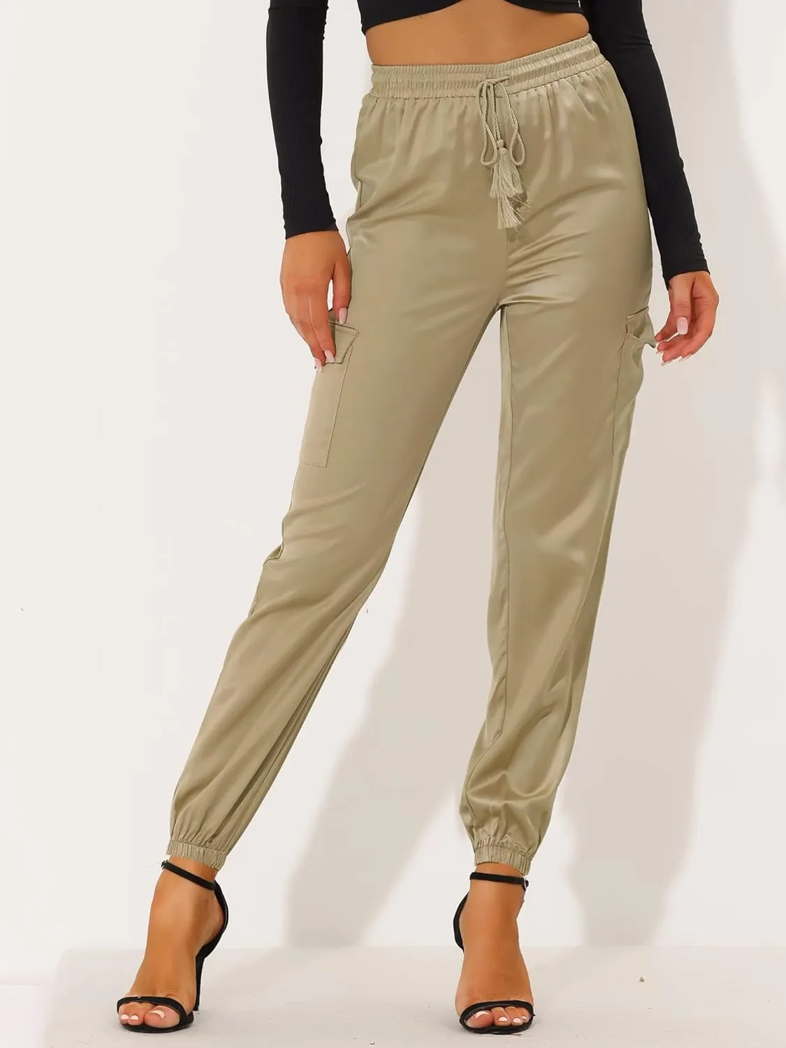 Allegra K Women's Satin Joggers Drawstring Elastic Athleisure Pants High Waist Shiny Silky Satin Cargo Pants