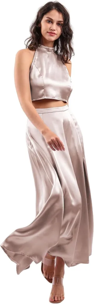 Amazhiyu Women Satin Two-Piece Outfits Summer Halter Crop Top and Maxi Skirt Set
