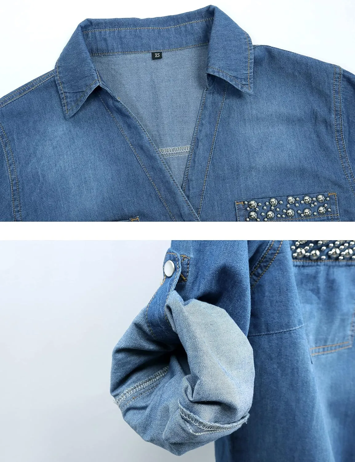 AMEBELLE Women's Roll Up 3/4 Sleeve Tie Front Knot Shirt Chambray Denim Crop Top