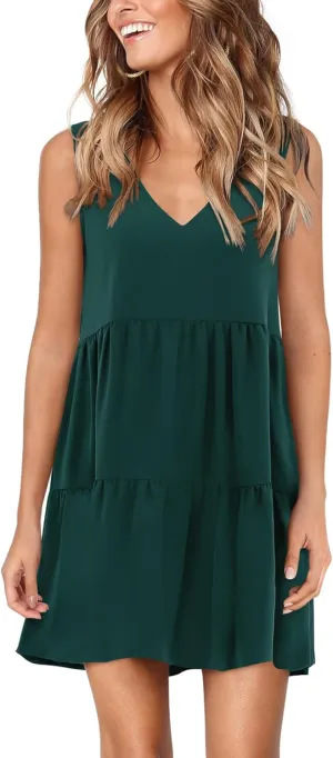 Amoretu Women Summer Tunic Dress Sleeveless V Neck Casual Loose Flowy Swing Tank Dresses