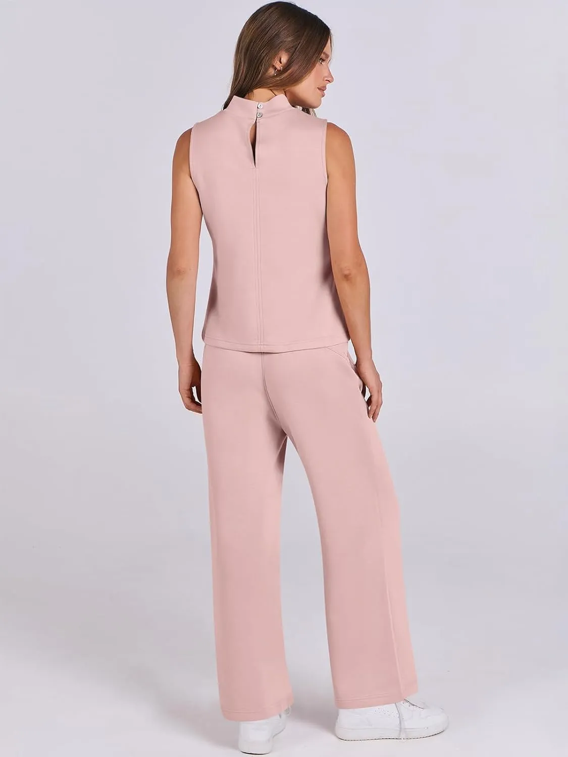 ANRABESS Women 2 Piece Outfits Summer Lounge Sets Mock Neck Top Wide Leg Pants Casual Fashion Tracksuit 2025 Travel Clothes