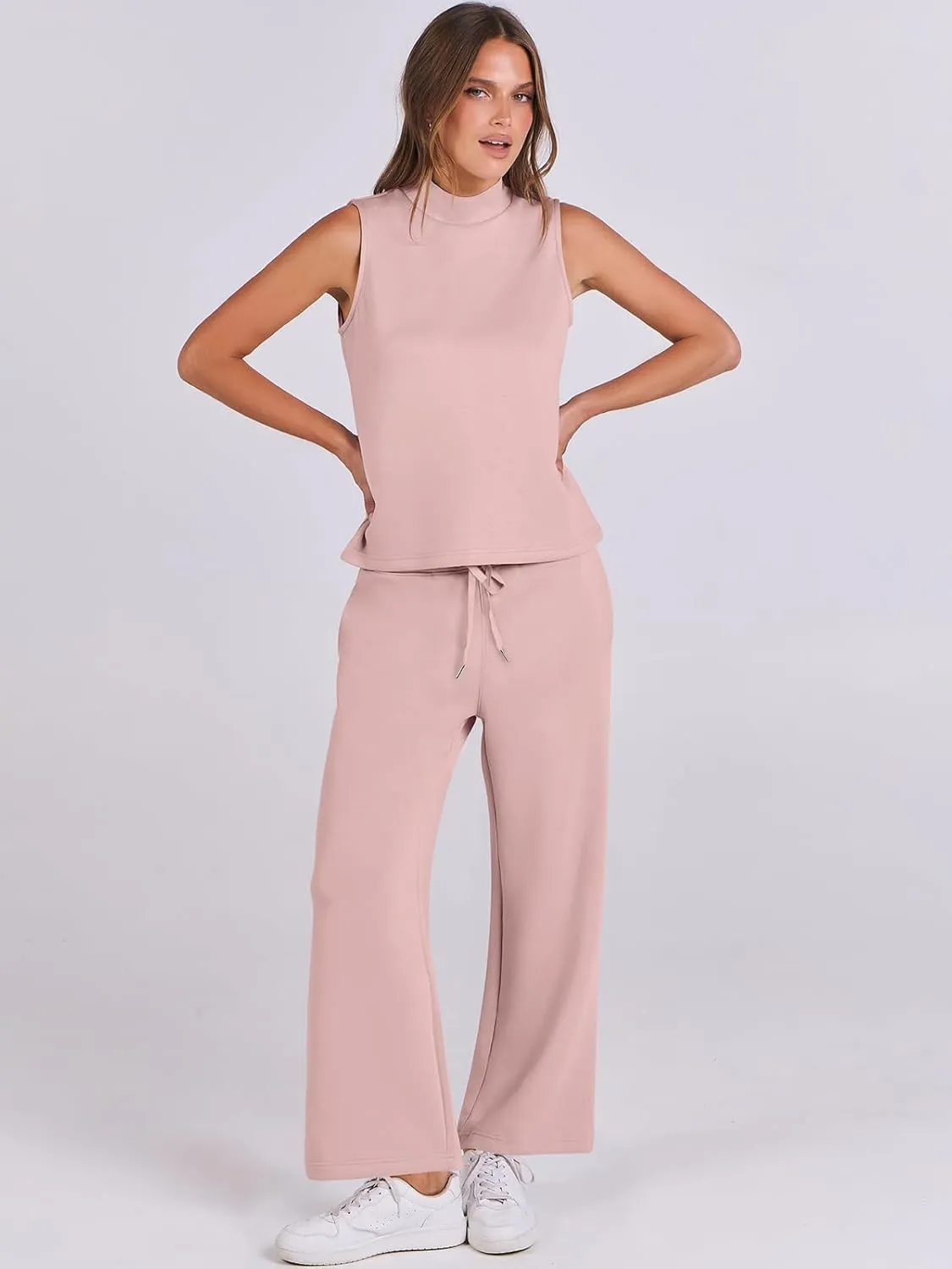 ANRABESS Women 2 Piece Outfits Summer Lounge Sets Mock Neck Top Wide Leg Pants Casual Fashion Tracksuit 2025 Travel Clothes