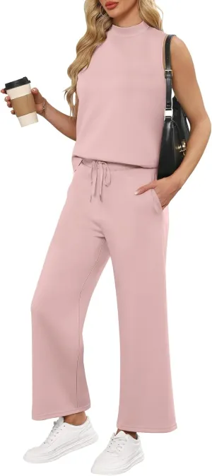 ANRABESS Women 2 Piece Outfits Summer Lounge Sets Mock Neck Top Wide Leg Pants Casual Fashion Tracksuit 2025 Travel Clothes