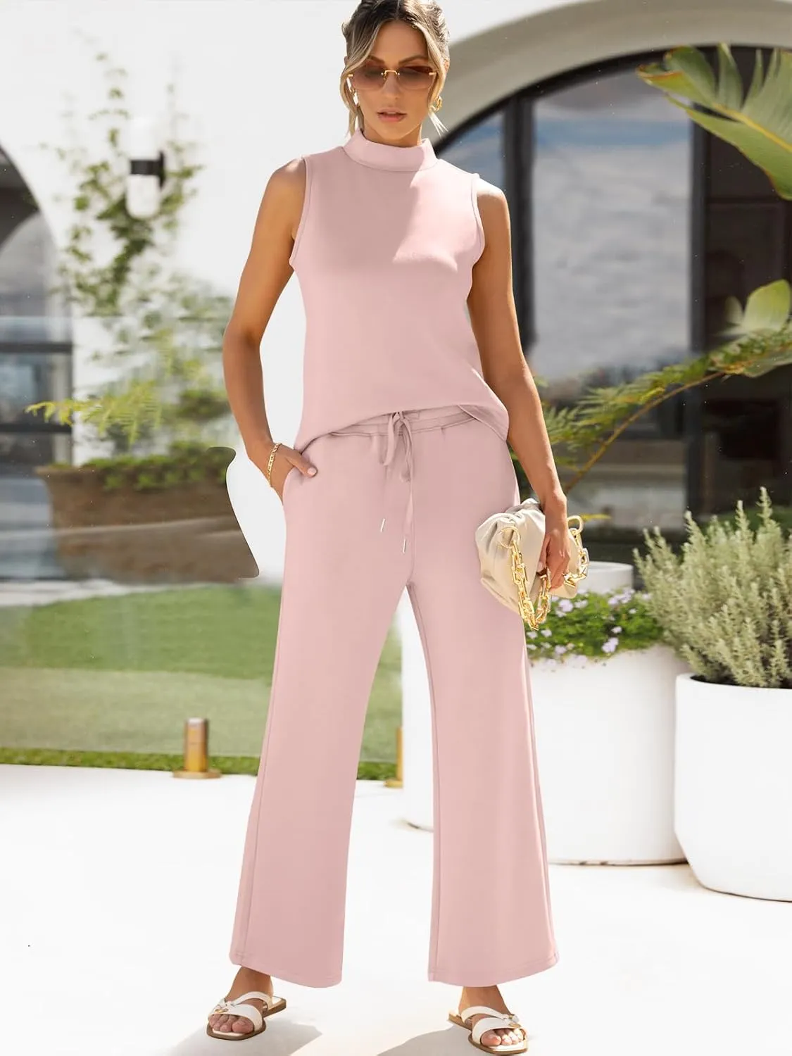 ANRABESS Women 2 Piece Outfits Summer Lounge Sets Mock Neck Top Wide Leg Pants Casual Fashion Tracksuit 2025 Travel Clothes
