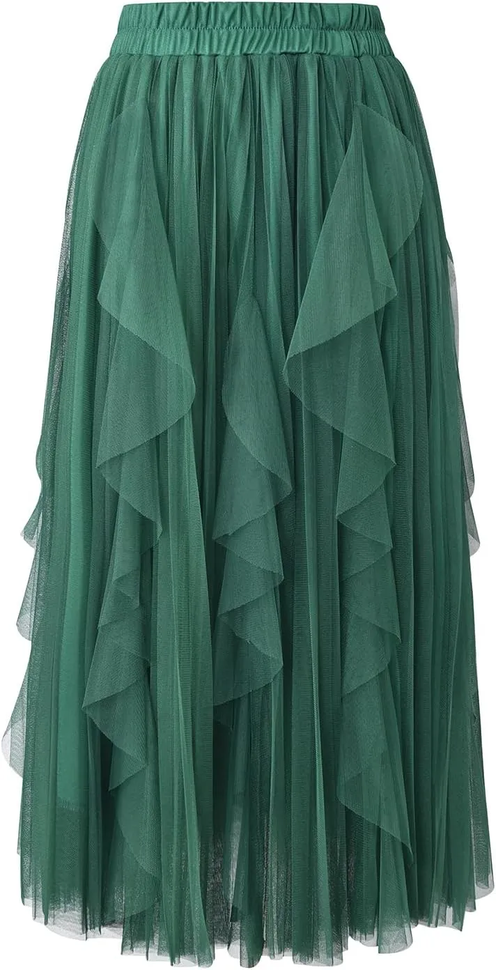 Apocrypha Womens A-Line Skirt Pleated Tulle Maxi Skirt Dance Party Casual Skirt