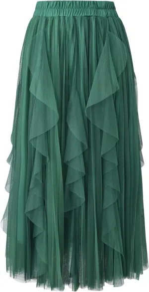 Apocrypha Womens A-Line Skirt Pleated Tulle Maxi Skirt Dance Party Casual Skirt