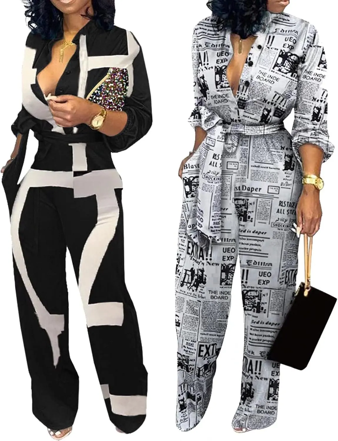 Aro Lora Women's Deep V Neck Long Sleeve Button Down One Piece Wide Leg Jumpsuit Romper