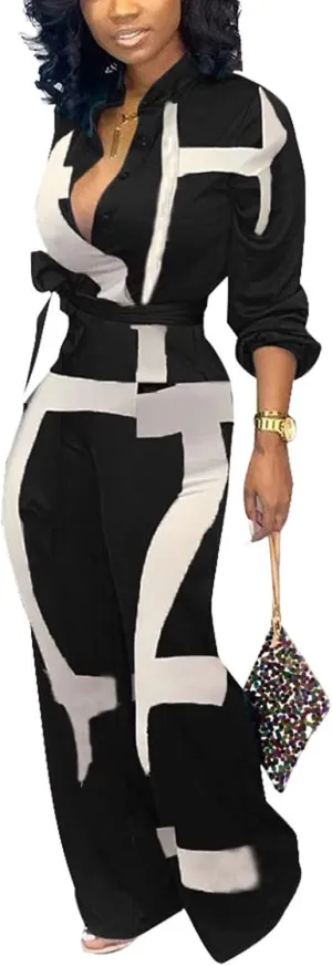 Aro Lora Women's Deep V Neck Long Sleeve Button Down One Piece Wide Leg Jumpsuit Romper