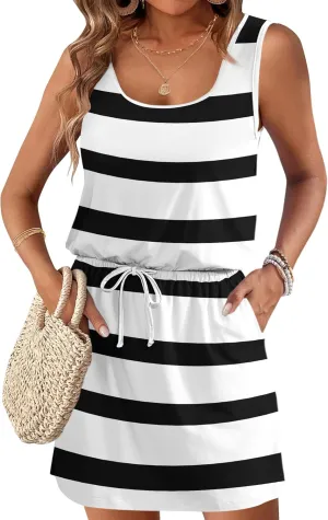 AUSELILY Summer Dresses for Women 2025 Casual Sleeveless Drawstring Waist Beach Cover up Mini Short Dresses with Pockets