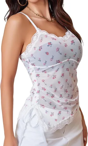 Avidlove Sheer Camisole for Women Side Ruched Mesh Tank Top Drawstring Cami Tops Asymmetrical Hem
