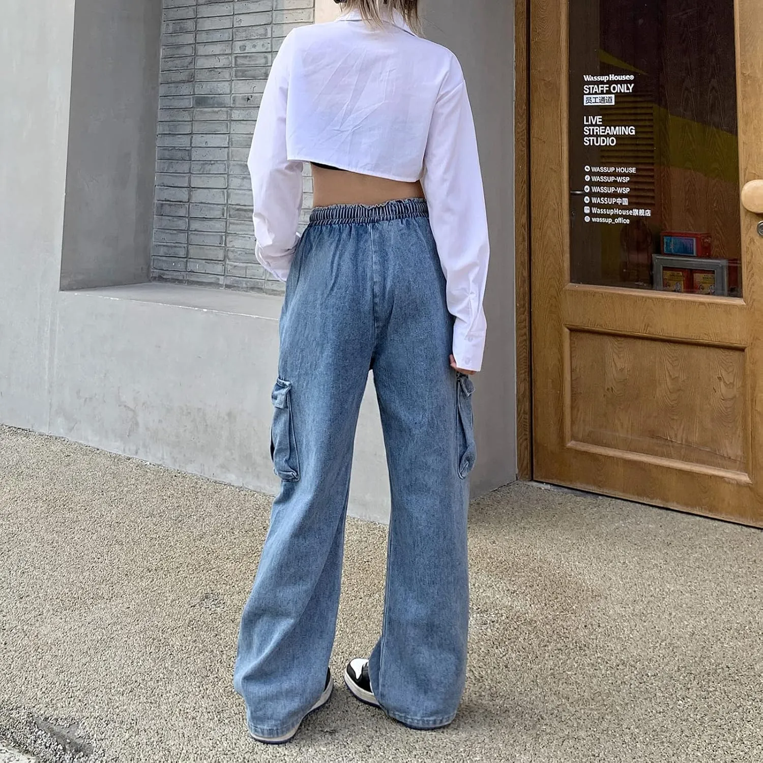 Baggy Jeans for Women High Waist Y2K Boyfriend Casual Loose Wide Leg Drawstring Cargo Pants with Pockets