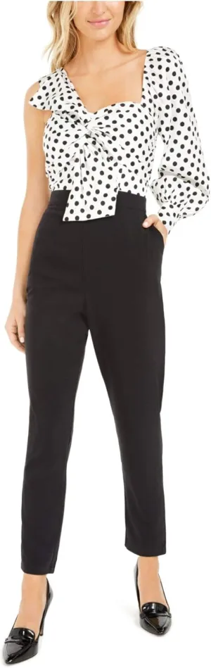 Bar III Womens Black Polka Dot Long Sleeve Queen Anne Neckline Jumpsuit Size 2