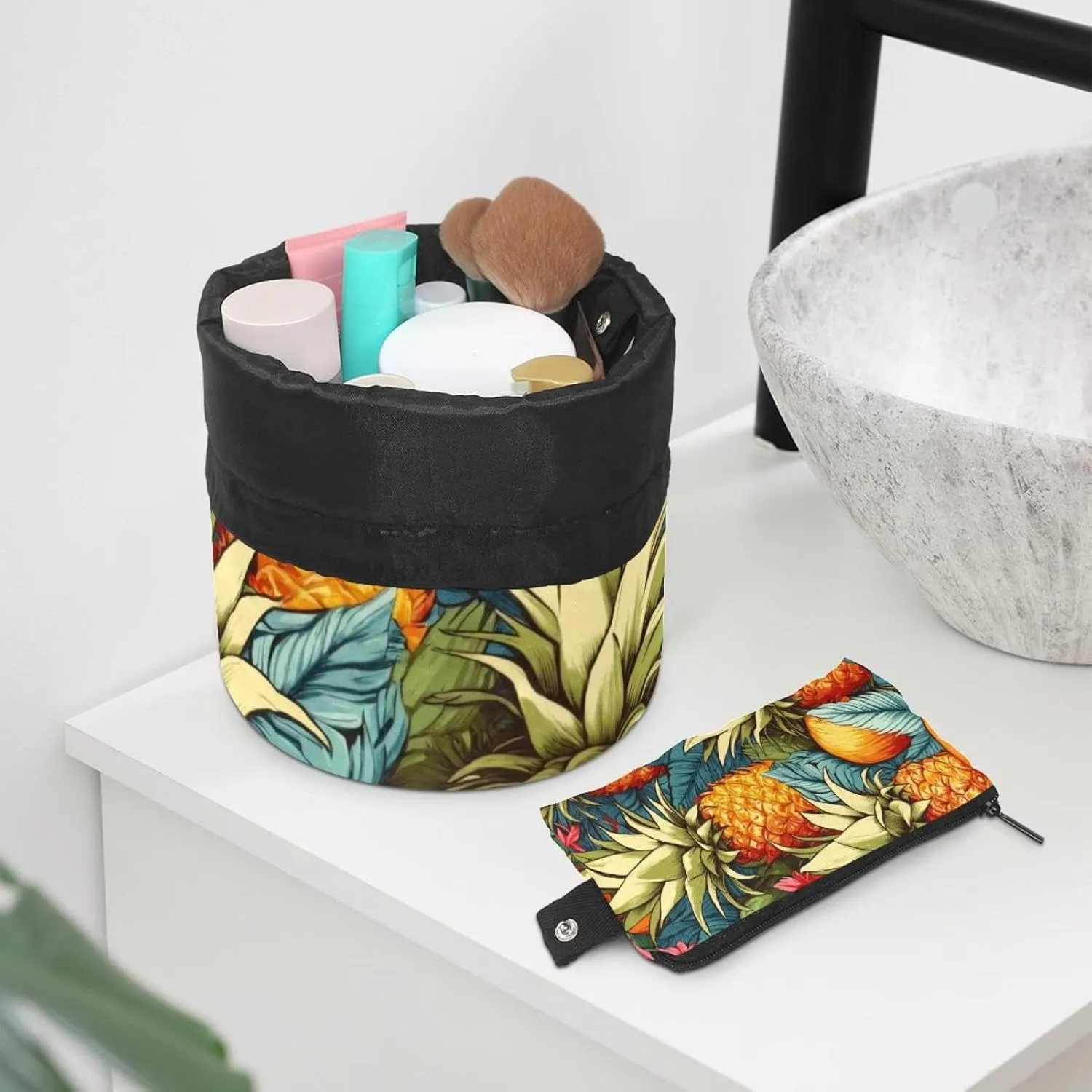 Barrel Drawstring Makeup Bag Large Cosmetic Bag Make up Bags Portable Toiletry Bag Organizer for Travel Toiletries Accessories - Pineapples