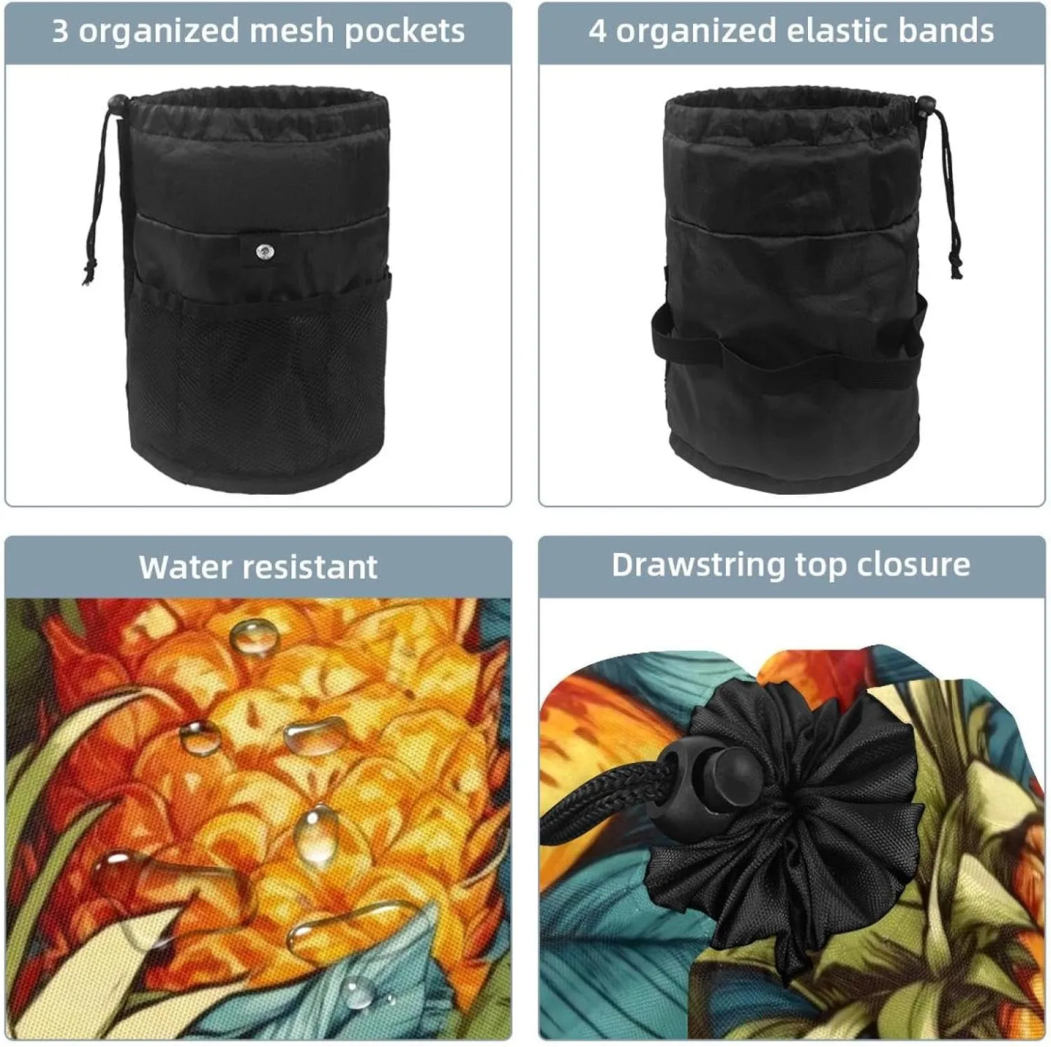 Barrel Drawstring Makeup Bag Large Cosmetic Bag Make up Bags Portable Toiletry Bag Organizer for Travel Toiletries Accessories - Pineapples