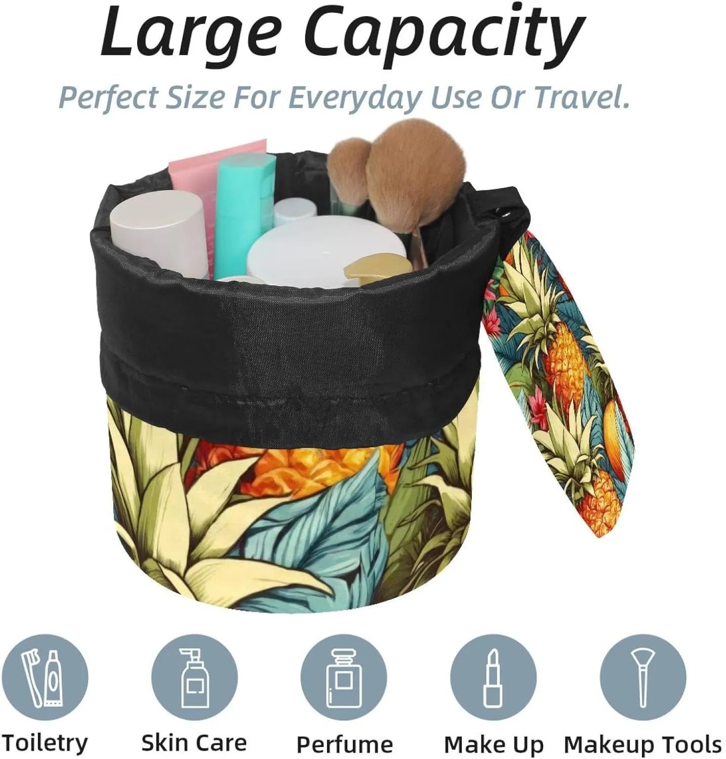 Barrel Drawstring Makeup Bag Large Cosmetic Bag Make up Bags Portable Toiletry Bag Organizer for Travel Toiletries Accessories - Pineapples
