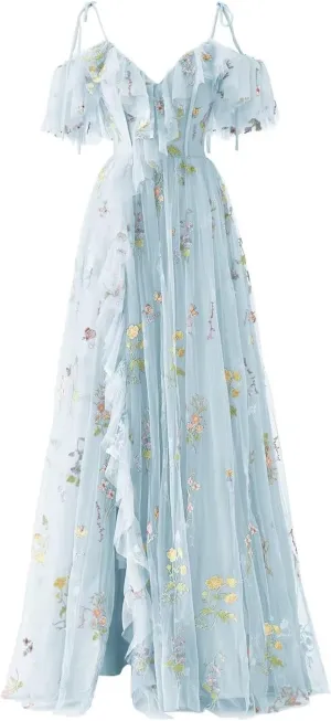 Basgute Women's Flower Embroidery Tulle Prom Dresses Slit Long Spaghetti Straps V Neck Fairy Formal Evening Party Gown