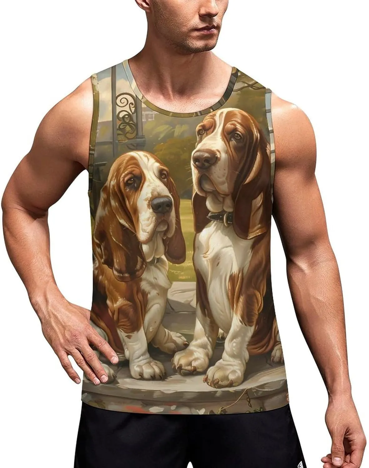 Basset Hounds in The Gate Mens Tank Top Undershirt Sleeveless Gym Vest Workout T-Shirts