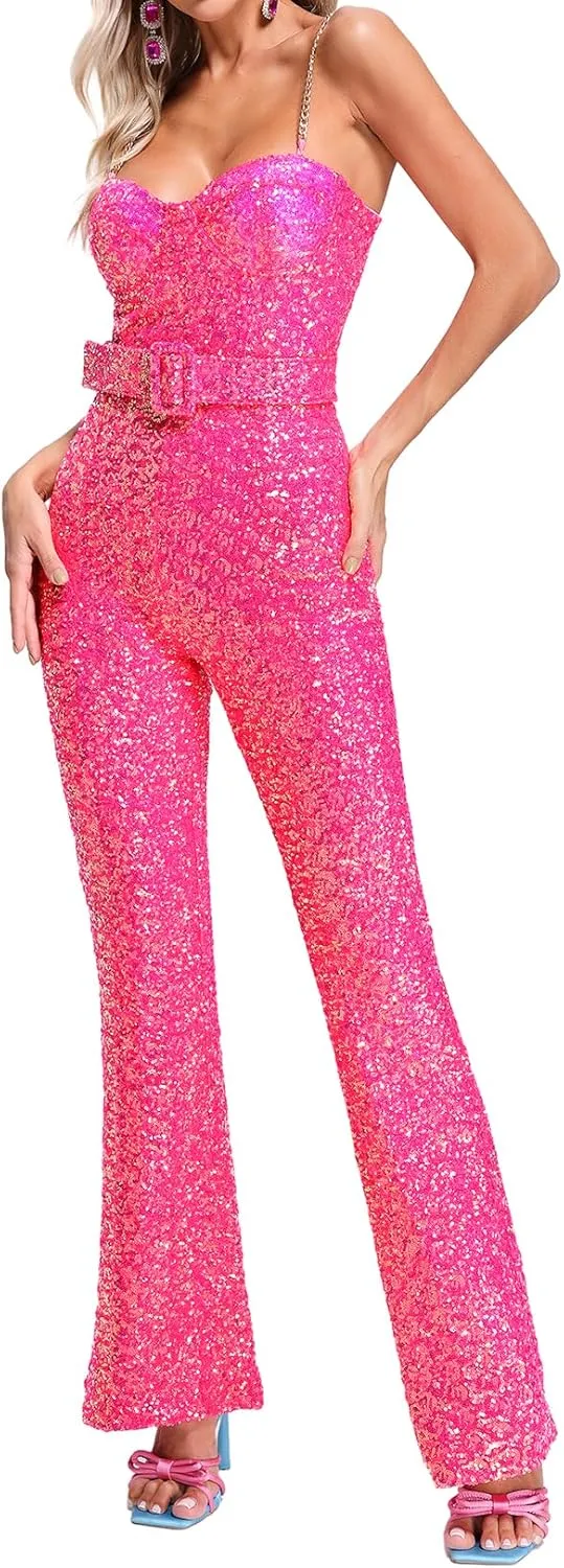 BELLA BARNETT Sequin Jumpsuits For Women Belted Pink Sexy One Piece Jumpsuits For Women
