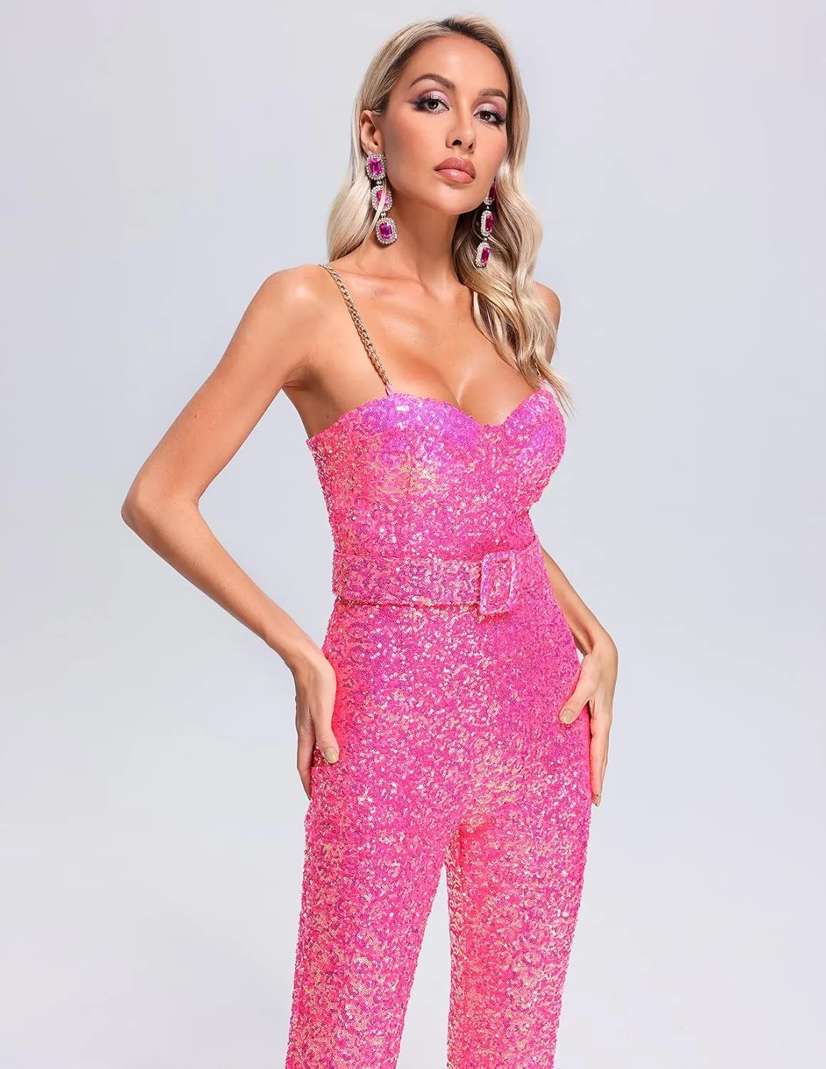 BELLA BARNETT Sequin Jumpsuits For Women Belted Pink Sexy One Piece Jumpsuits For Women