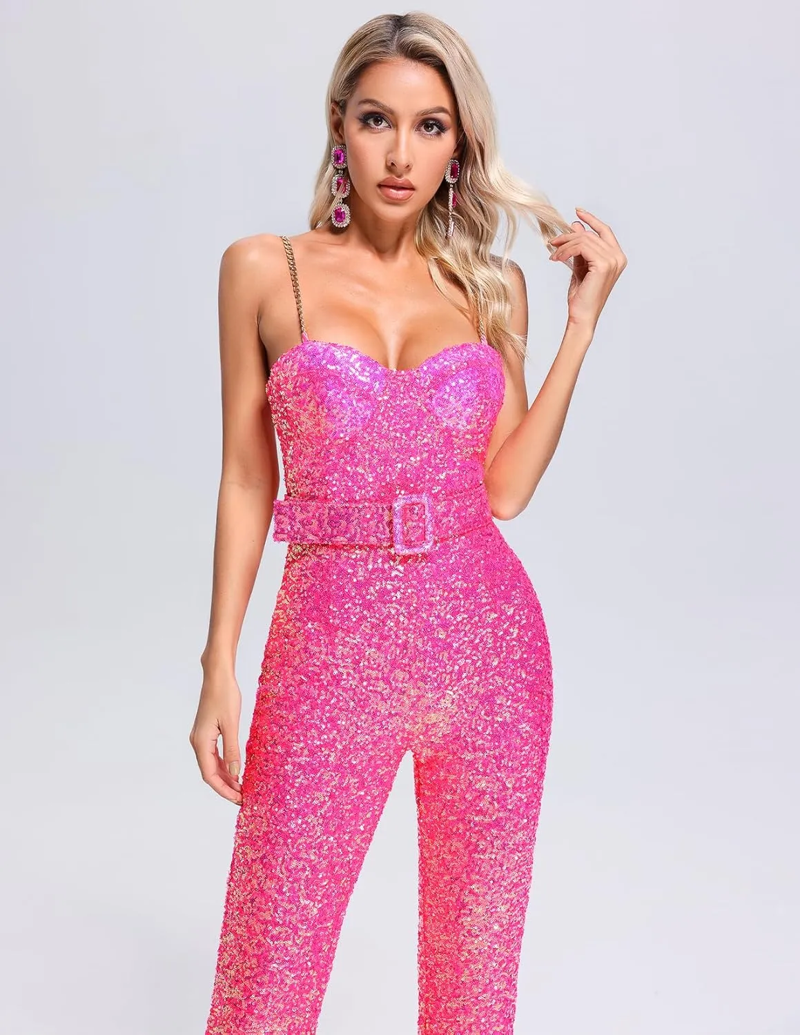BELLA BARNETT Sequin Jumpsuits For Women Belted Pink Sexy One Piece Jumpsuits For Women