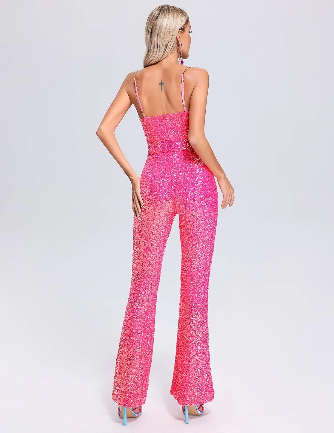 BELLA BARNETT Sequin Jumpsuits For Women Belted Pink Sexy One Piece Jumpsuits For Women