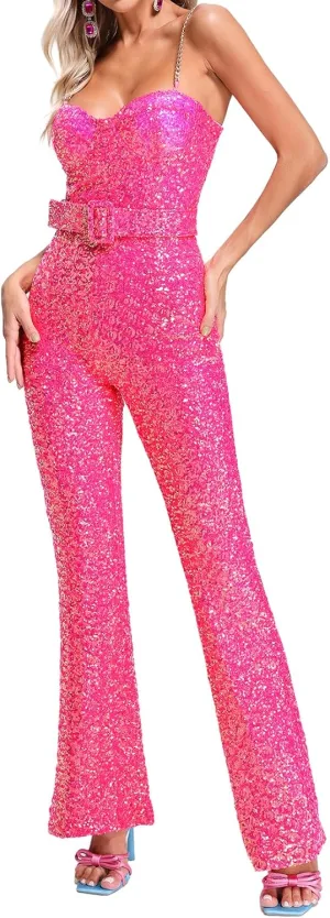 BELLA BARNETT Sequin Jumpsuits For Women Belted Pink Sexy One Piece Jumpsuits For Women