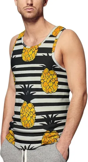 Black and White Stripes with Pineapples Mens Tank Top Undershirt Sleeveless Gym Vest Workout T-Shirts