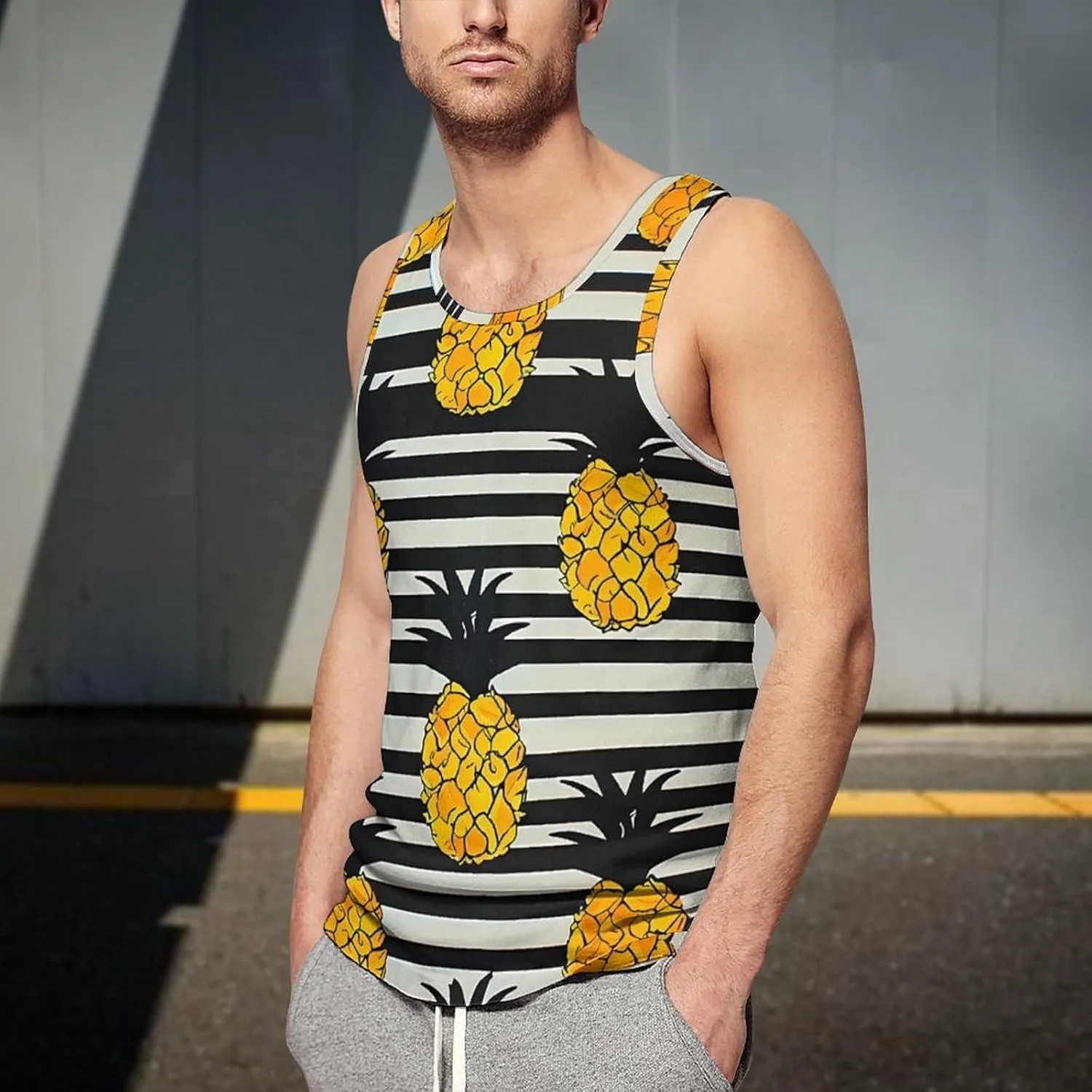 Black and White Stripes with Pineapples Mens Tank Top Undershirt Sleeveless Gym Vest Workout T-Shirts