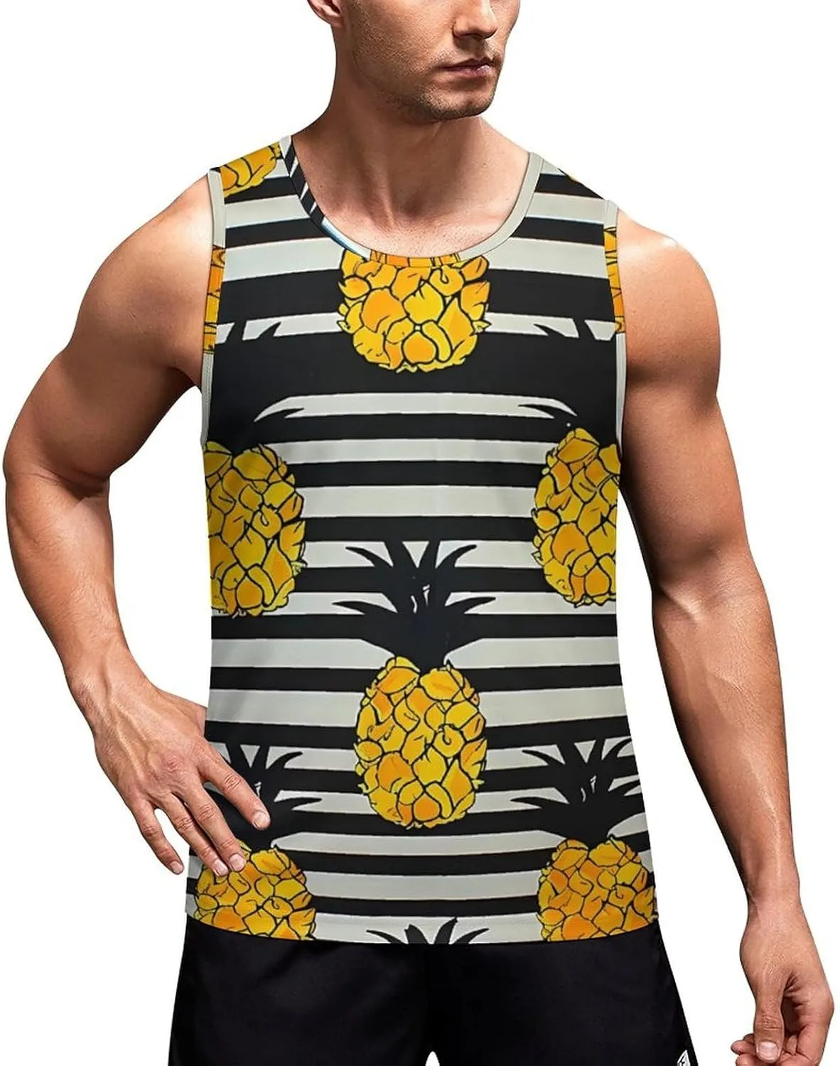 Black and White Stripes with Pineapples Mens Tank Top Undershirt Sleeveless Gym Vest Workout T-Shirts