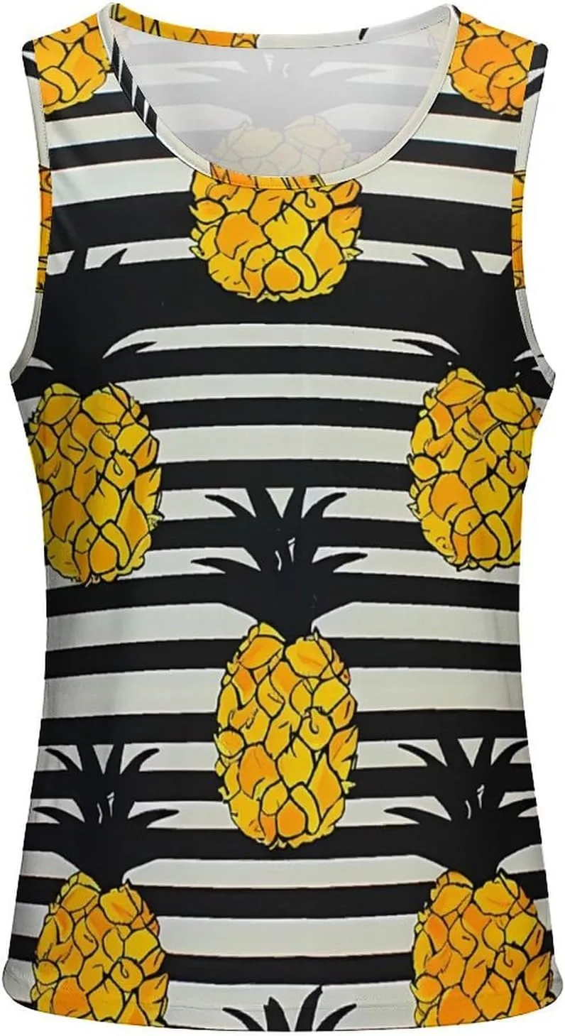 Black and White Stripes with Pineapples Mens Tank Top Undershirt Sleeveless Gym Vest Workout T-Shirts