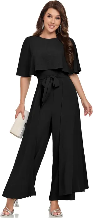 Black jumpsuits for Women Dressy Formal Cape Sleeve High Waist Belted Wide Leg Pantsuits Ruffle Sleeve One Piece Outfit Gowns Trendy Travel Onesies XL