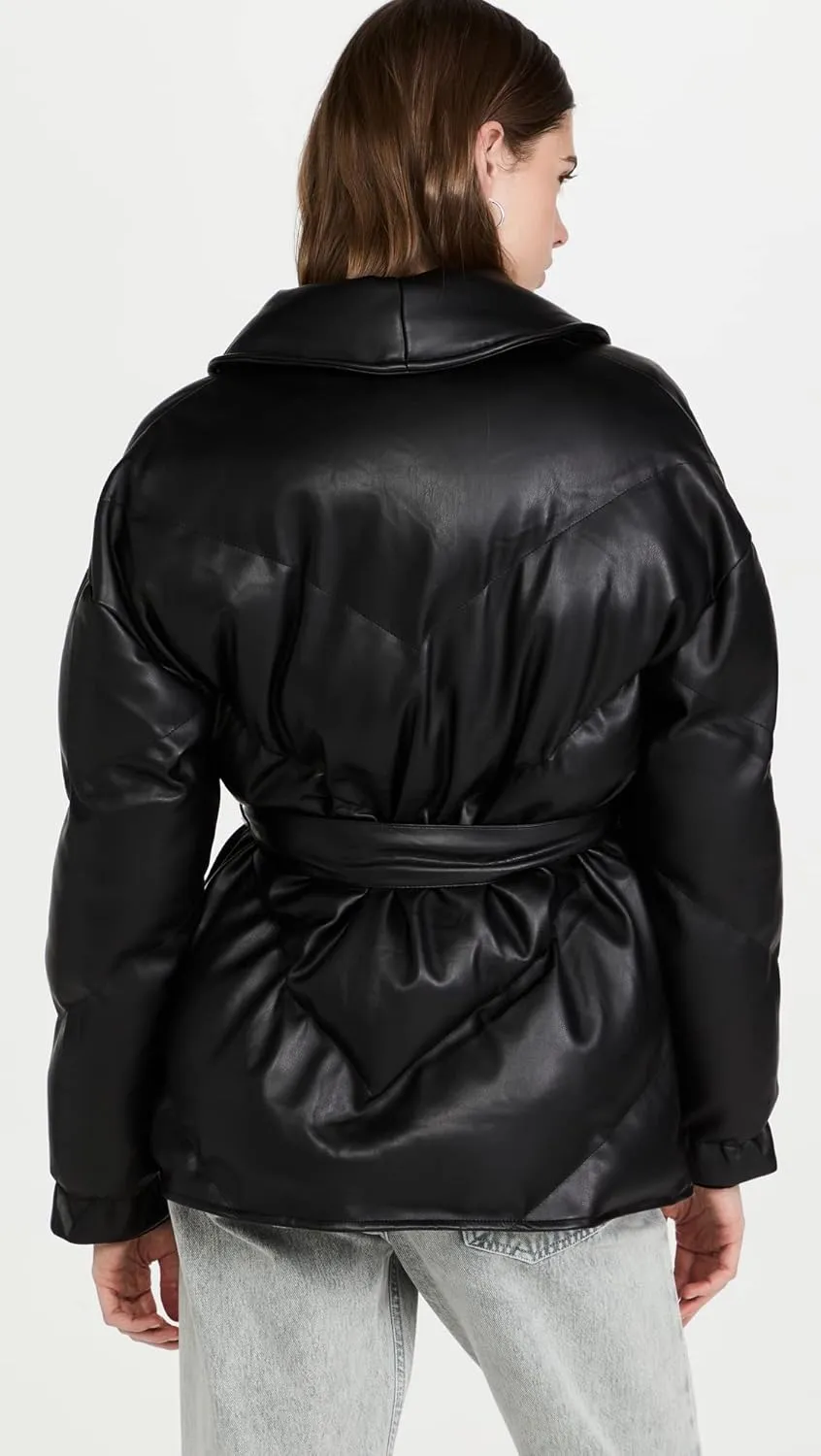 [BLANKNYC] womens Black Vegan Leather Puffer Belted Jacket